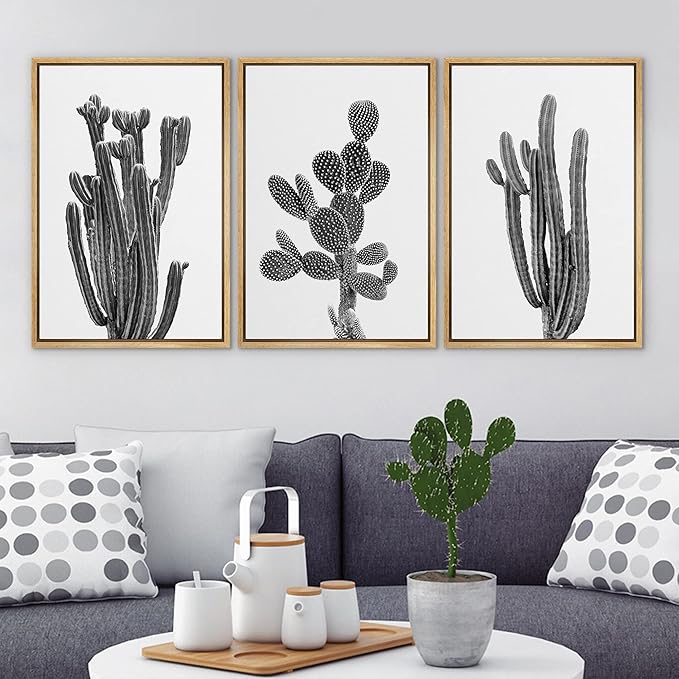 Ashbrook Framed Wall Art Print Set Black & White Southwest Desert Cactus Nature Floral Modern Decorative Multicolor for Living Room, Bedroom, Office - 16"x24"x3 Natural