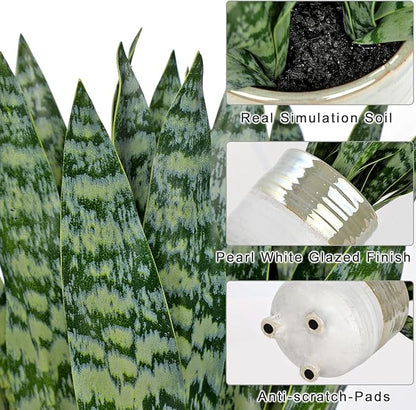 Hollyone Fake Snake Plant 13.5 Inch Large Artificial Snake Plant Potted with Ceramic Pot Faux Sansevieria Plant for Home Office Room Indoor Decor Housewarming Gifts