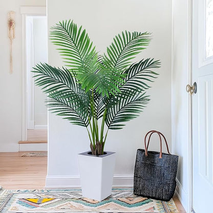 5FT Artificial Palm Tree with White Tall Planter - Fake Tree Areca Floor Plant in Pot - Artificial Silk Plants for Indoor Home Office Decor