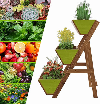 3-Tiers Wooden Raised Garden Bed Tiered Planter Box Vertical Garden Planter Wood Plant Stand for Patio, Balcony, Freestanding. (Brown L)