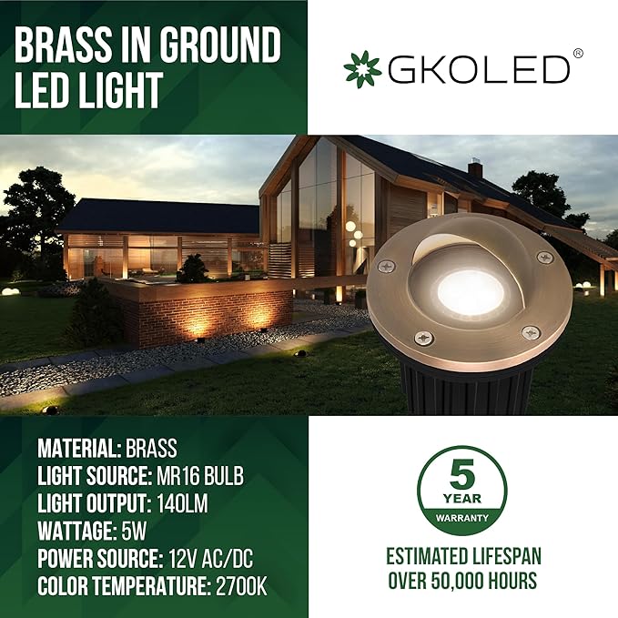 GKOLED LED Brass Well Lights, 12V In Ground Light Outdoor, IP67 Waterproof Low Voltage Landscape Lighting with MR16 Bulb and Swival Base, 5W 140LM 2700K, Up Light for Garden Trees Bushes, Beacon Top