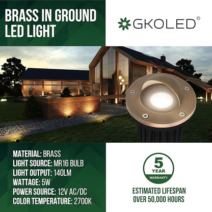 GKOLED LED Brass Well Lights, 12V In Ground Light Outdoor, IP67 Waterproof Low Voltage Landscape Lighting with MR16 Bulb and Swival Base, 5W 140LM 2700K, Up Light for Garden, Beacon Top, 12 Pack