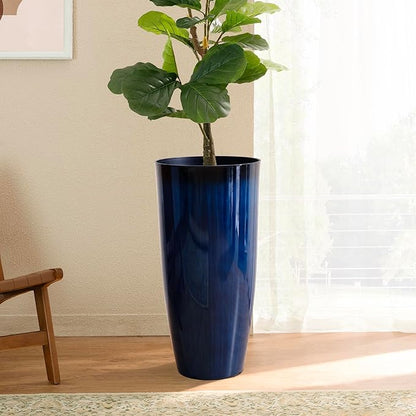 Glitzhome 30" H Tall Planters for Outdoor Plants, Set of 2 Plastic Large Outdoor Planters with Gradient Cobalt Blue Faux Ceramic Finish,Large Flower Pots with Drainage Holes for Front Porch Indoor