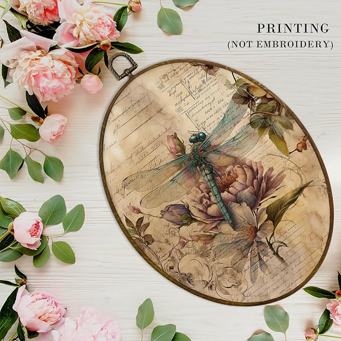 MAQIKA Farmhouse Dragonfly Oval Framed Wall Art Decor, Dragonfly Wall Decor, Dragon Fly Floral Oval Wall Hanging Decor, Vintage Dragonflies Canvas Prints Wall Art for Living Room Home, 8.7x11.3 Inch