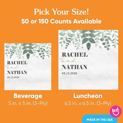 Big Dot of Happiness Personalized Boho Botanical Bride Party Napkins, Custom Greenery Wedding or Bridal Shower Decor, White 3-Ply Paper Beverage Napkins - 150 Count