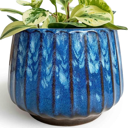 5.5 inch Plant Pot Ceramic，Reactive Glaze Pot with Drainage Hole for Indoor/Outdoor Plants，Breathable Small Cactus Pot Glazed Blue