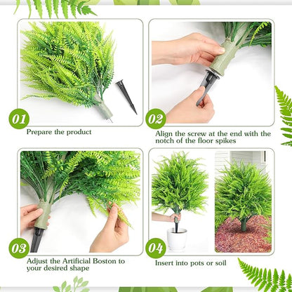 4 Artificial Boston Fern with Integrated Ground Stake 24'' Realistic UV Resistant Faux Plant with Spike for Indoor Outdoor Garden Yard Spring Summer Wedding Decoration