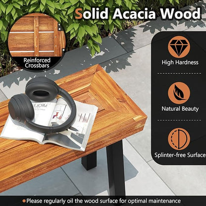 COSTWAY Set of 2 Outdoor Acacia Wood Benches, 2-3 People Backless Garden Benches with Metal Frame for Patio, Deck, Yard and Entryway