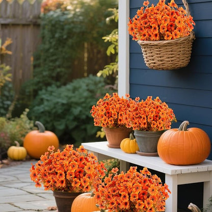 Fall Artificial Flowers for Outdoors Fake Mums for Outside 12 Bundles Faux Silk Orange Dasiy Flower Look Real UV Resistant No Fade Faux Fall Flowers for Front Door Porch Autumn Decoration