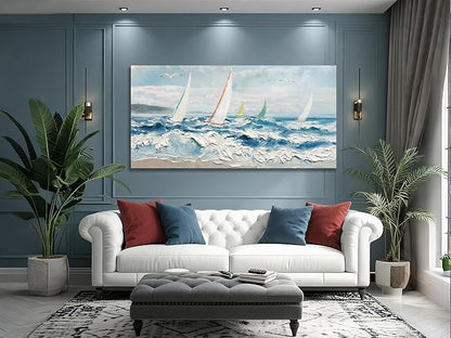 Enartly Wave 3D Textured Ocean Wall Art for Living Room Blue Seascape Sailboat Canvas Coastal Painting Artwork for Christmas Gift Bedroom Bathroom Home Office Wall Decor, Large 58"x29"