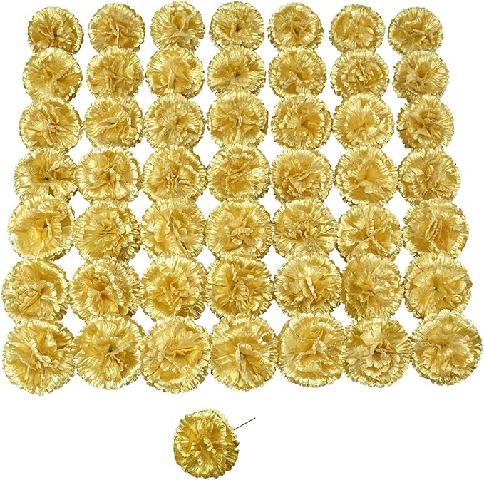 Silk Carnation Flower, 50 Artificial Flowers, Used for Wedding Decoration DIY Handmade Flowers, Carnation Flower Diameter 3.5 Inches and 6 Inches Stem (Gold)