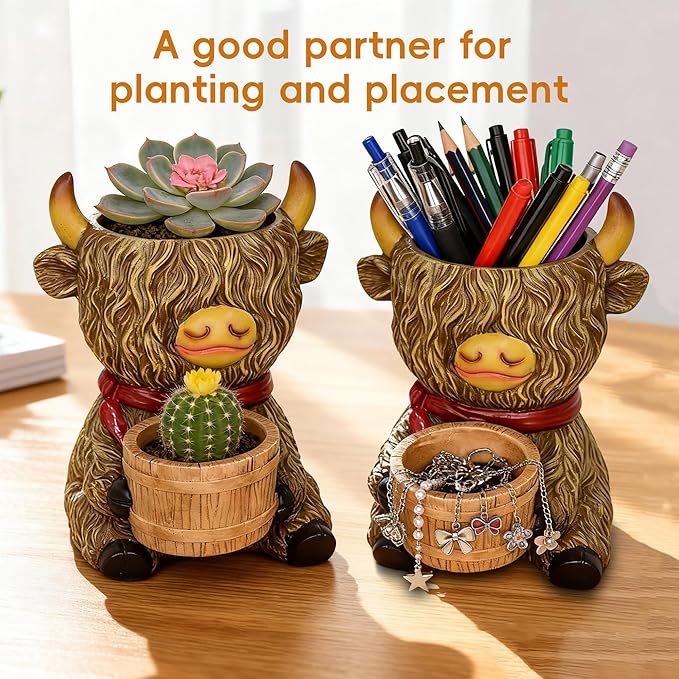 Cute Plant Pots Decor - Highland Cow Planter with Two Planters Animal Flower Pots with Drainage,Mini Succulent Pot for Home Desk Patio Decorations Outdoor Indoor Plants Pot Gifts for Plant Lovers