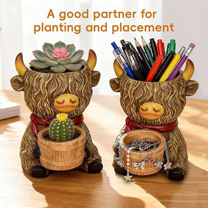 Cute Plant Pots Decor - Highland Cow Planter with Two Planters Animal Flower Pots with Drainage,Mini Succulent Pot for Home Desk Patio Decorations Outdoor Indoor Plants Pot Gifts for Plant Lovers