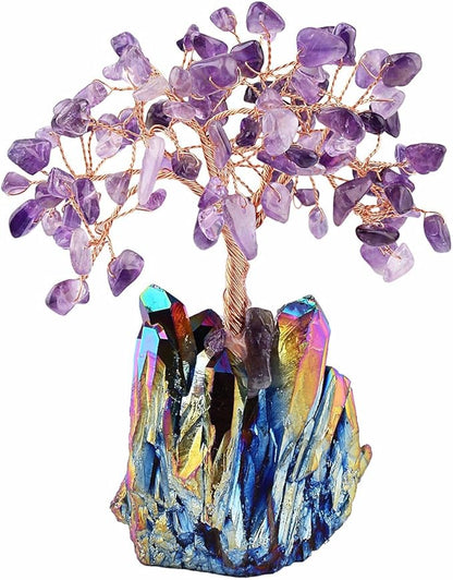 mookaitedecor Amethyst Crystal Tree, Quartz Cluster Rainbow Titanium Crystals Base Bonsai Money Tree for Wealth and Luck