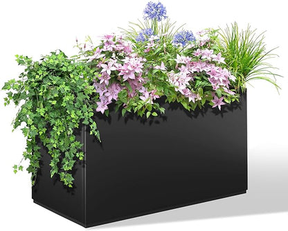 Metal Tall Planter Box for Outdoor Plants, Flowers, Rectangular Black Planters for Front Porch, Garden, with Drainage Holes, All Weather Use, 32" L x 10" W x 16" H