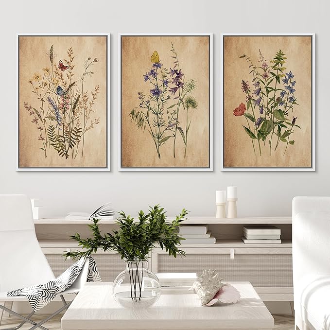 Ashbrook Framed Canvas Print Wall Art Set Vintage Wildflower Bouquet Nature Wilderness Illustrations Modern Art Decorative Floral Botanical Minimal Calm/Relax/Cozy for Bedroom - 16"x24"x3 WHITE