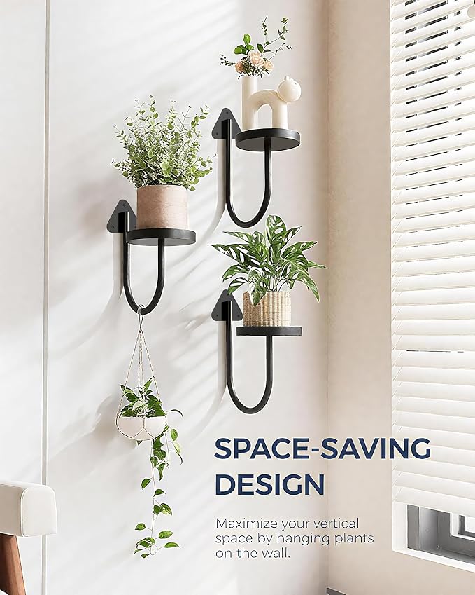 Wall Mounted Plant Holder , Yi Cheng Indoor Wall Plant Hanger with Shelves for Window Plants, Hanging Planters for Home Decor, Set of 3 Black Plant Wall Organizers
