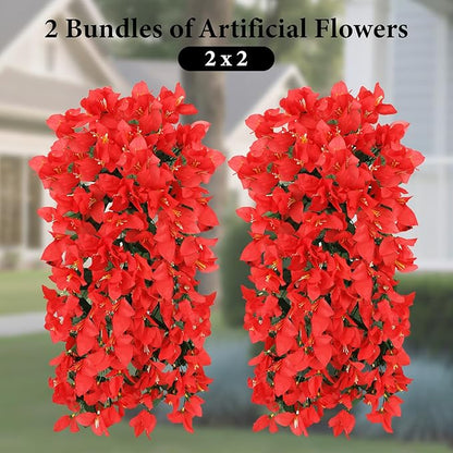 NESCCI Bougainvillea Artificial Flowers Plants for Outdoor Outside Fall Autumn Decor, 4 PCS Faux Silk Long Trailing Vines UV Resistant Fake Flowers for Front Door Porch Planter Urn Patio