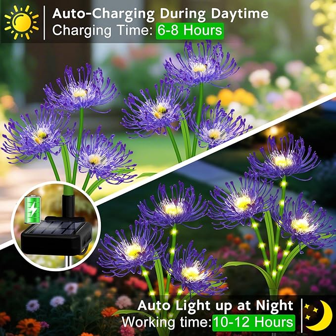 Solar Outdoor Lights Purple Spider Lily – 4 Pack 12-Head Waterproof Garden Flower Lights with Glowing Stems,Decorative Solar Powered Yard,Patio & Lawn Decor, Gardening Gifts for Women Grandma