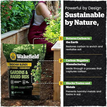 Wakefield Biochar Blend with CarbonBoost™ Technology – Enhanced Water & Nutrient Retention for Raised Bed Garden Soil - Ultimate Organic Potting Soil Mix for Vegetables, Gardens and Houseplants - 4qt