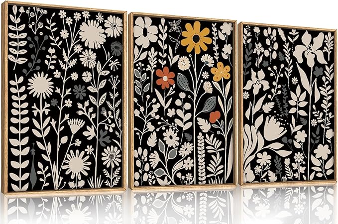 HOURIA Large Moody Boho Floral Framed Canvas Wall Art Set,Mid Century Black Flower Leaf Wall Decor,Retro Dark Wildflower Artwork,Minimalist Botanical Art Print for Living Room,Bedroom,Office-16"x24"x3