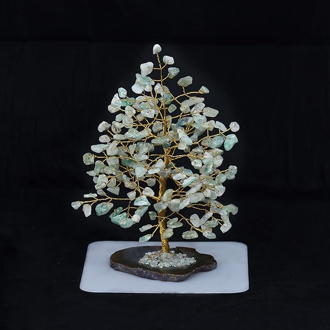 Green Jade Gemstone Tree of Life - Geode Agate Slice Base, Crystal Tree for Positive Energy, Feng Shui Decor - Chakra Tree, Good Luck Money Bonsai, Healing Stones, Gem Tree, Spiritual Mystical Gift