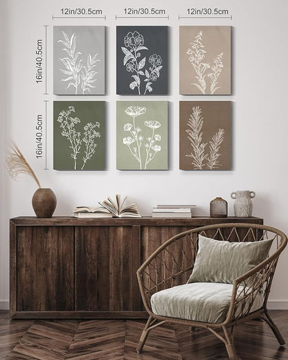 Drsoum Vintage Botanical Wall Art Framed Boho Wall Art Decor Wooded Minimalist Print Modern Rustic Farmhouse Home Kitchen Decor 12x16inx6pcs