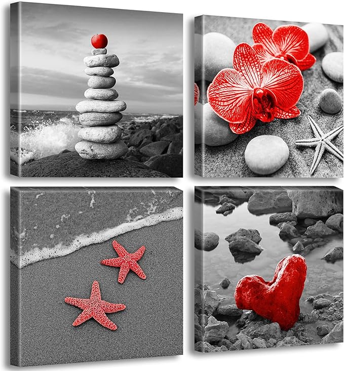 Red Beach Coastal Wall Art Ocean Seascape Painting Prints for Bathroom Decor Zen Ocean Scenery Pictures for Living Room Bedroom Decoration Framed Artwork Ready to Hang 12x12 Inch