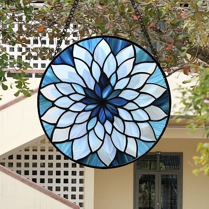 Stained Glass Suncatcher, Blue White Multi-Petal Flowers Sun Catcher Landscape Stain Glass Window Hanging Decoration Mother's Day Birthday Gifts for Women Men Mom Nana 15 in