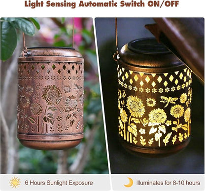 Kaixoxin 2 Pack Solar Garden Decor Metal Lantern Sunflower Table Lamp Bronze Outdoor Dercoration Great Gift for Women Mon Grandma Hanging Lights for Patio Courtyard Garden