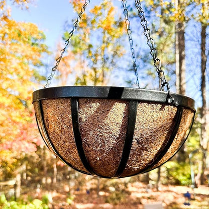 4 Pack 14 Inch Hanging Planters for Outdoor Plants Metal Hanging Planter Basket with Coco Coir Liner Round Plant Black Flat Iron Metal Flower Pots for Deck Patio Porch Garden Balcony