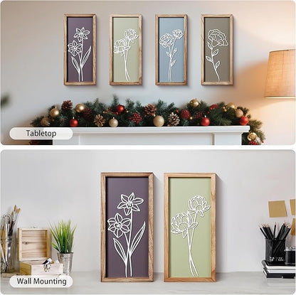 HKBS 3D Wooden Floral Wall Art, Set of 4 Framed Flowers Wall Art Sculptures, Boho Farmhouse Minimalist Decor for Bathroom Bedroom Living Room Kitchen or Office Wall Decorations Housewarming Gifts (Multicolored)