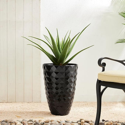 Glitzhome 19.75" H Large Tall Planters for Outdoor, Set of 2 Tall Black Planter with Drainage Holes, Faux Ceramic Diamond Textured Oversized Planters, Decorative Flower Pots for Porch Indoor Garden