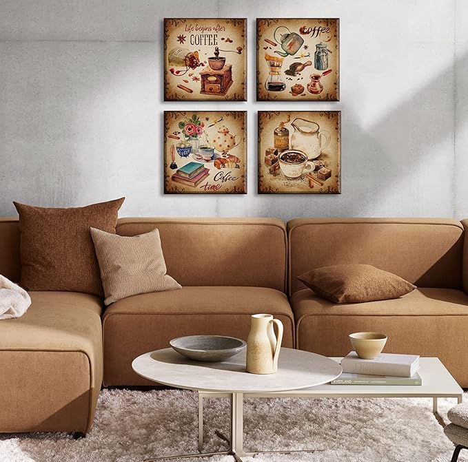 BLINFEIRU Kitchen Wall Art Coffee Decor Canvas Prints Vintage Brown Pictures for Coffee Bar Wall Decor 4 Panel Modern Artwork for Dining Room Cafe Restaurant Decorations Framed 12" Wx12 Hx4