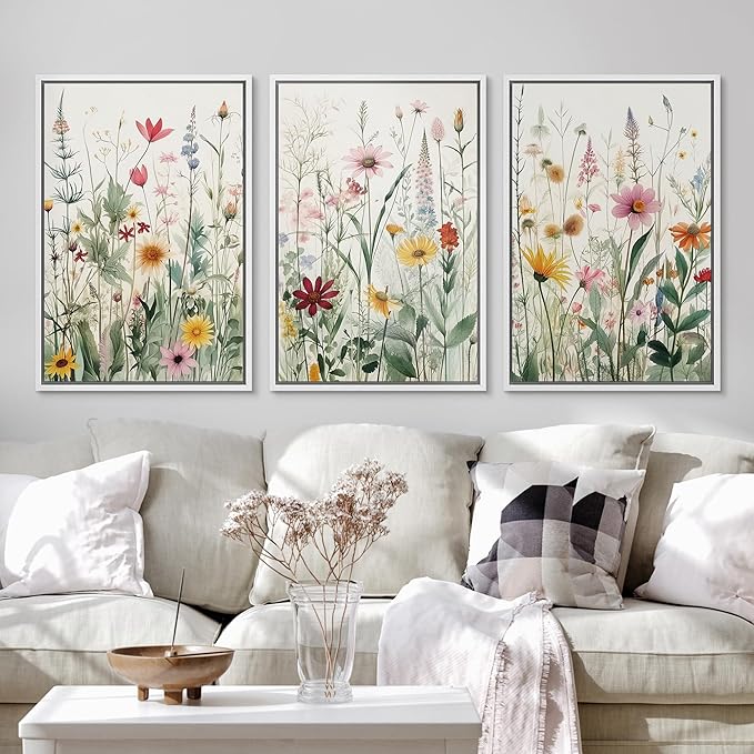 Ashbrook Framed Canvas Print Wall Art Set Garden Forest Wildflowers Nature Wilderness Illustrations Modern Art Decorative Floral Botanical Minimal Calm/Relax/Cozy for Bedroom - 24"x36"x3 WHITE