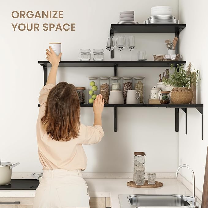 Fun Memories Floating Shelves for Wall, 12 Inch Deep Floating Shelves Set of 2, Wall Mounted Shelf with Metal Brackets, Rustic Wood Wide Shelf for Bathroom, Kitchen and Living Room, Black, 36W x 12D