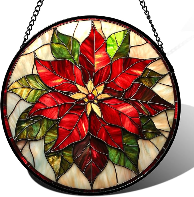 Stained Glass Window Hanging - Red Poinsettia Birth Flowers Suncatcher for Door Garden Yard Sun Catchers Decor Christmas Mother's Day Birthday Gifts for Women Mom Nana Teacher Friend 6.3 in
