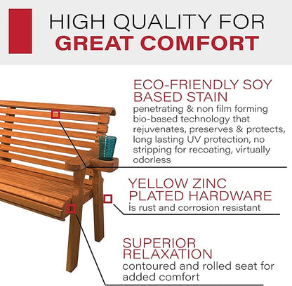 Amish Casual Heavy Duty Pressure Treated 4 Foot Outdoor Garden Bench with Cup Holders - Amish Crafted Roll Back Design in Cedar Stain, 700 Lb Weight Capacity