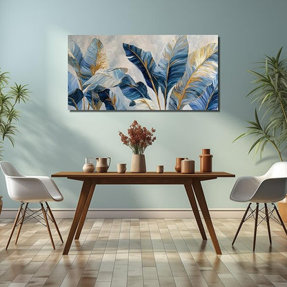 JuhaiArt White Banana Leaf Prints Bedroom Blue Canvas Art Botanical Gold Wall Artwork for Living Room Office 29" x 59"