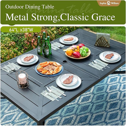 Sophia & William Outdoor Patio Table and Chairs for 6 with 13ft Beige Umbrella Outdoor Dining Set with 6 Padded Large Patio Swivel Rocking Chairs, 64" X 39" Rectangular Metal Table,1 Umbrella