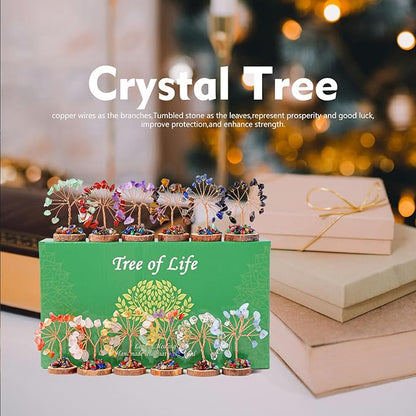 Runyangshi 12pcs Crystal Tree Set Tree of Life Natural Crystal Healing Stones with Wooden Base Gemstone Trees Fengshui Good Luck Positive Energy Home Decor