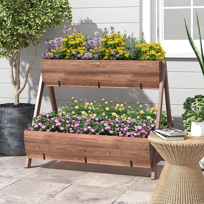 S AFSTAR 40-Inch Vertical Raised Garden Bed, 3 Tiered Wooden Planter Boxes 44" L x 36" W x 35" H, Drainage Holes, Indoor Outdoor Flowerbed, Freestanding Elevated Planter Box for Garden Flower Veggies
