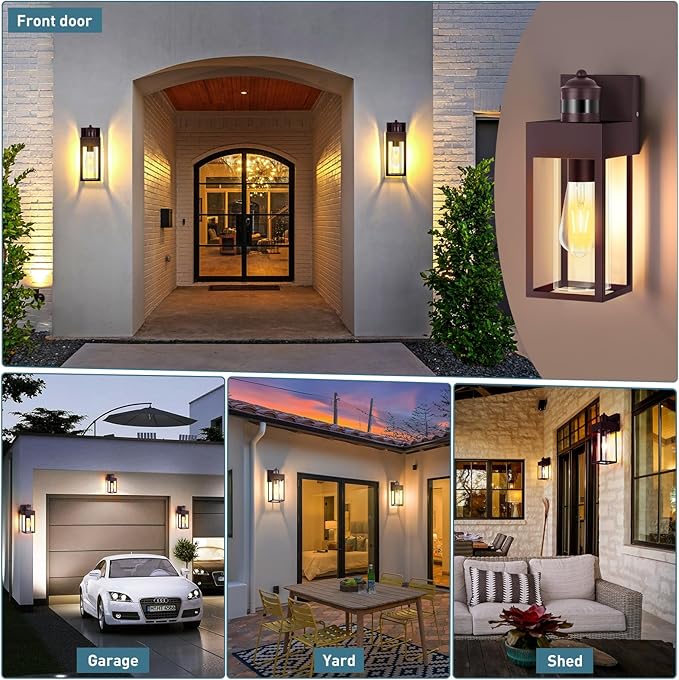 Motion Sensor Outdoor Wall Lanterns 2 Packs, Dusk to Dawn Exterior Light Fixture, 3 Lighting Modes, Waterproof Front Porch Lights for Garage Patio Garden House Entryway, Bronze.