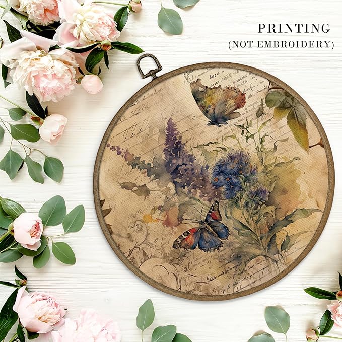MAQIKA Vintage Butterfly Botanical Framed Wall Art Decor, Butterfly Wall Decor, Wildflower Round Wall Hanging Decor, Farmhouse Butterflies Canvas Prints Wall Art for Office Bedroom, 10x10 Inch
