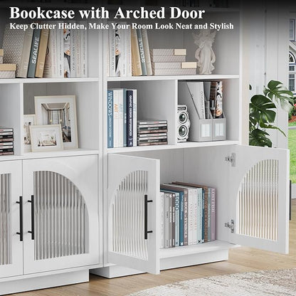 70" Tall Bookshelf with Door, White Bookshelf, 5 Tier Bookcase with Cabinet & Adjustable Shelves, 15.5" Deep Storage Shelf, Mid-Century Wood Standing Bookshelves and Bookcase for Home Office Kitchen