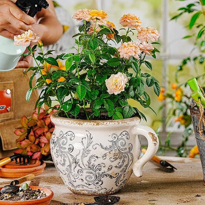Sungmor Set of 2 Vintage Ceramic Planters with Handle - Rustic Crackle Glaze Flower Pots with Scroll Design, Drainage Hole Indoor Outdoor Decorative Plant Containers, Tuscan Decor Pots