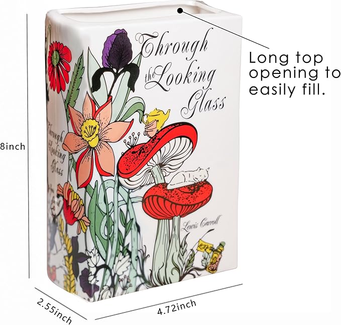 Ceramic Book Vase for Flowers, Home Decor - Cute Bookshelf Decor, Book Lovers Gift - Unique Large Accent for Bedroom/Office (Through The Looking Glass)
