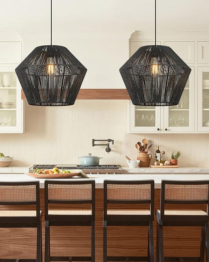 ELYONA 16.5” Large Modern Woven Chandelier Farmhouse Coastal Pendant Light Fixtures Matte Black Handwoven Rattan Basket Shade Boho Pendant Hanging Lamp for Kitchen Dining Room Bedroom Foyer Hallway