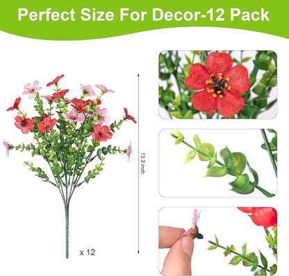 Artificial Fake Mums Flowers for Outdoor Spring Summer Decor, 12 Bundles Faux Silk Plants Daisy for Planter Pot Colorful UV Resistant Look Real for Front Door Porch Patio Outside Yard(Red Pink)