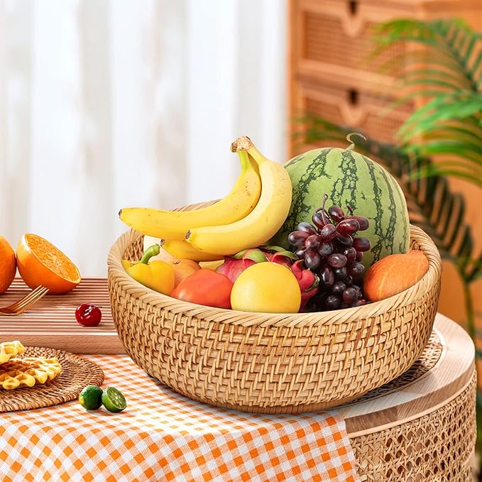 Natural Rattan Round Fruit Basket Bowls, Hand Woven Decor Serving Baskets, Wicker Storage for Dinning Room (Round-Small)＜ 7.8''(D) X1.9(H）＞